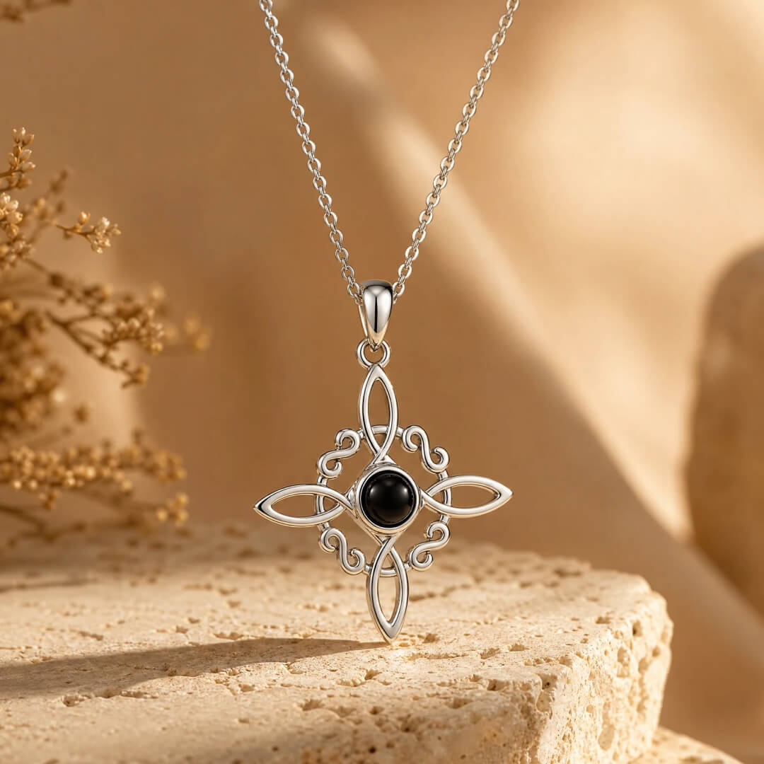 Nocturne Knot Obsidian Pendant with intricate design - KARMAKIND