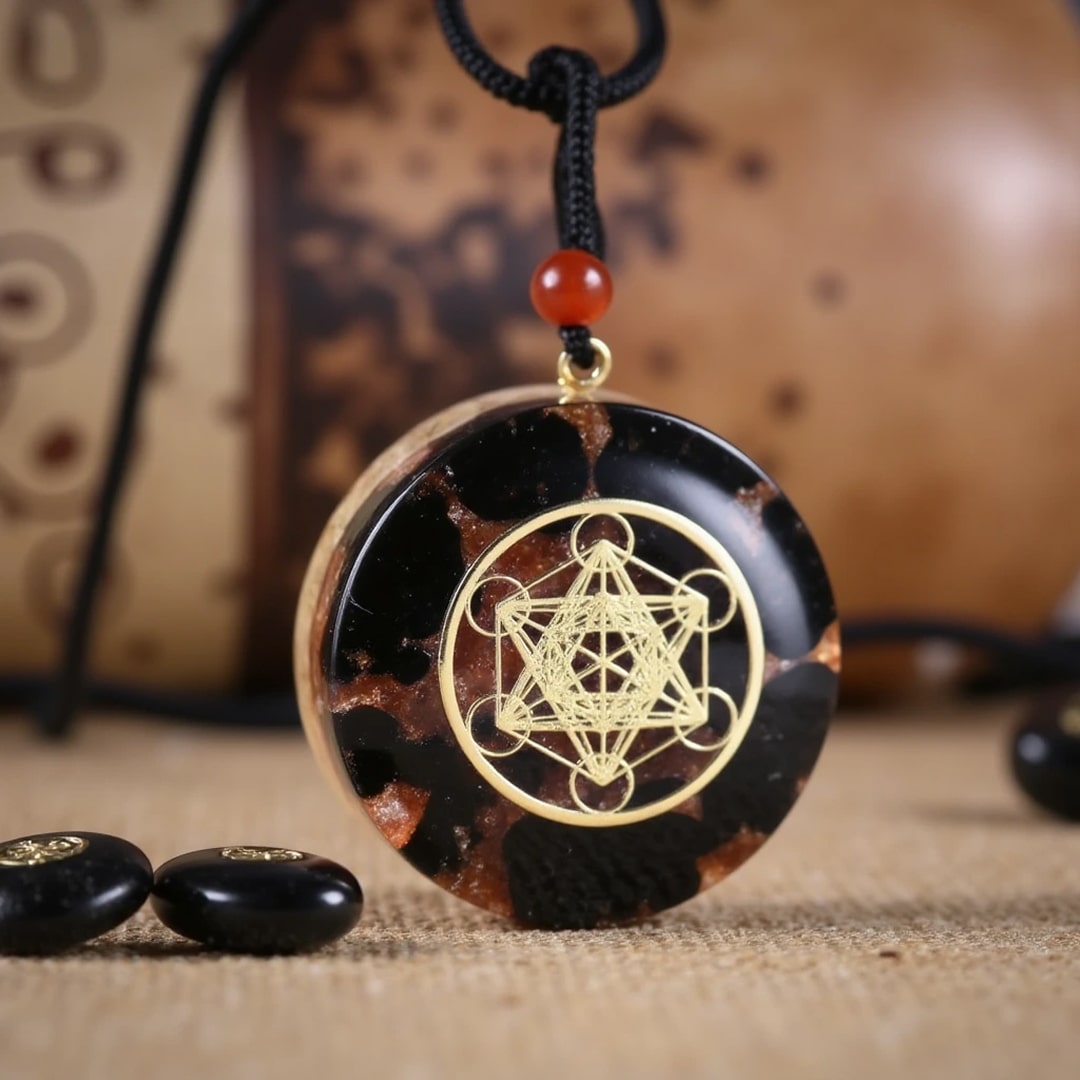 The Metatron's Cube Orgonite Pendant worn as a necklace, resting on a dark fabric - KARMAKIND