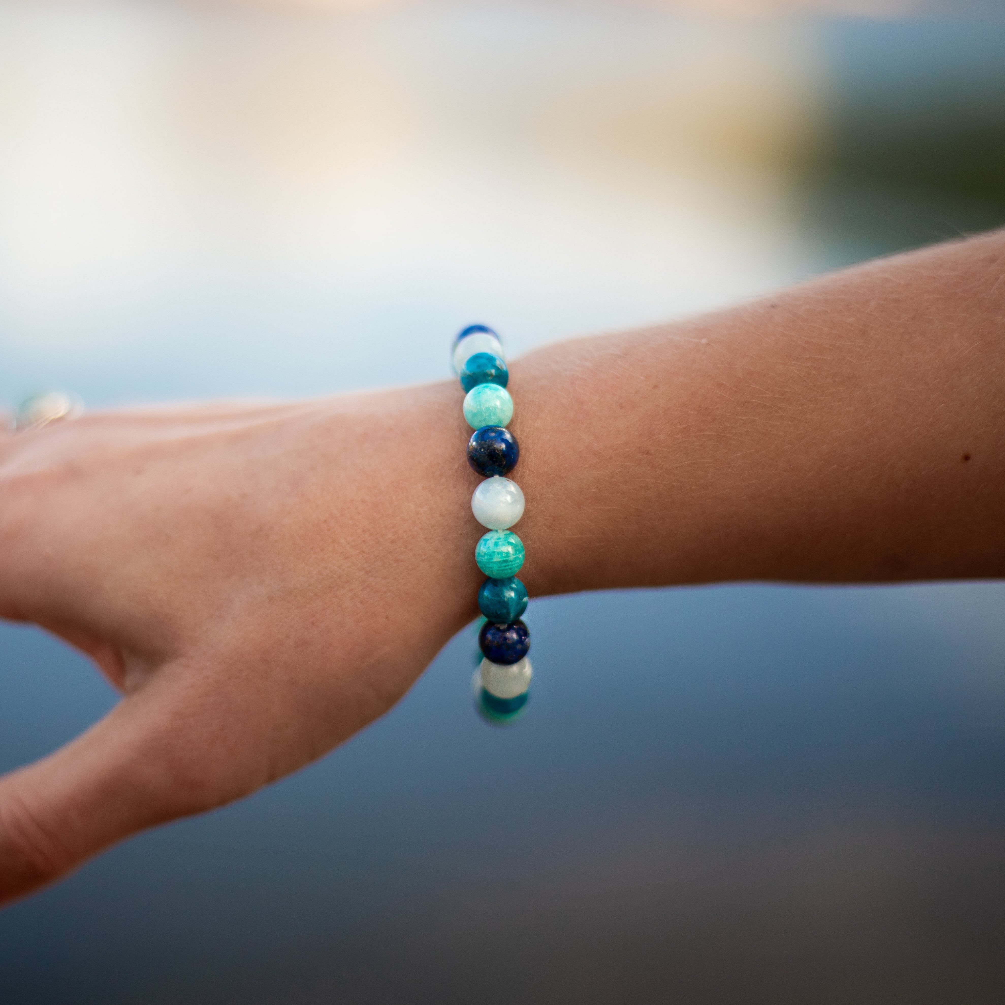 Close-up of the vibrant blue and turquoise stones on the Ocean Bracelet - KARMAKIND