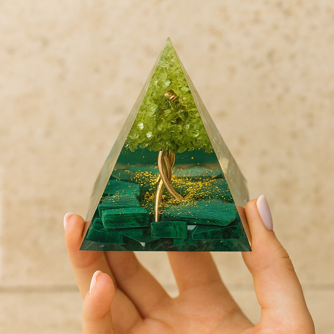 Close-up of the Peridot foliage and Malachite base on the orgonite - KARMAKIND