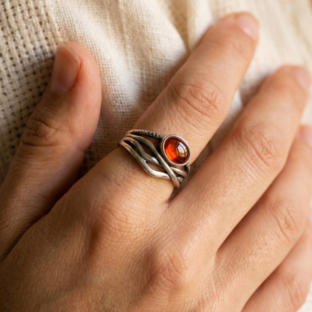 Close-up of the vibrant garnet gemstone on the ring