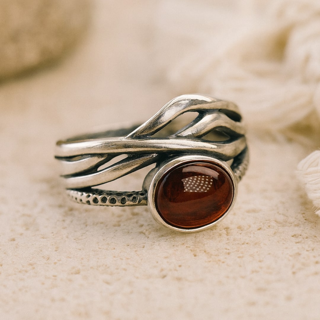 Silver-toned band of the adjustable garnet ring
