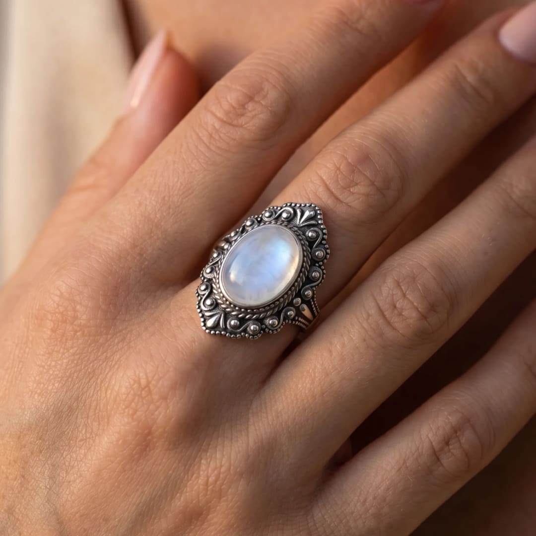 Vintage-inspired ring with moonstone and ornate details - KARMAKIND