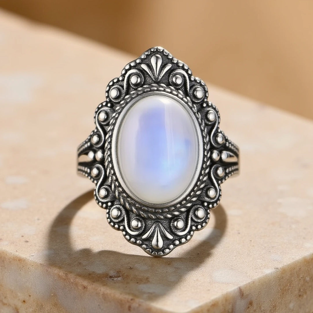 Close-up of the moonstone's blue reflections on the ring - KARMAKIND