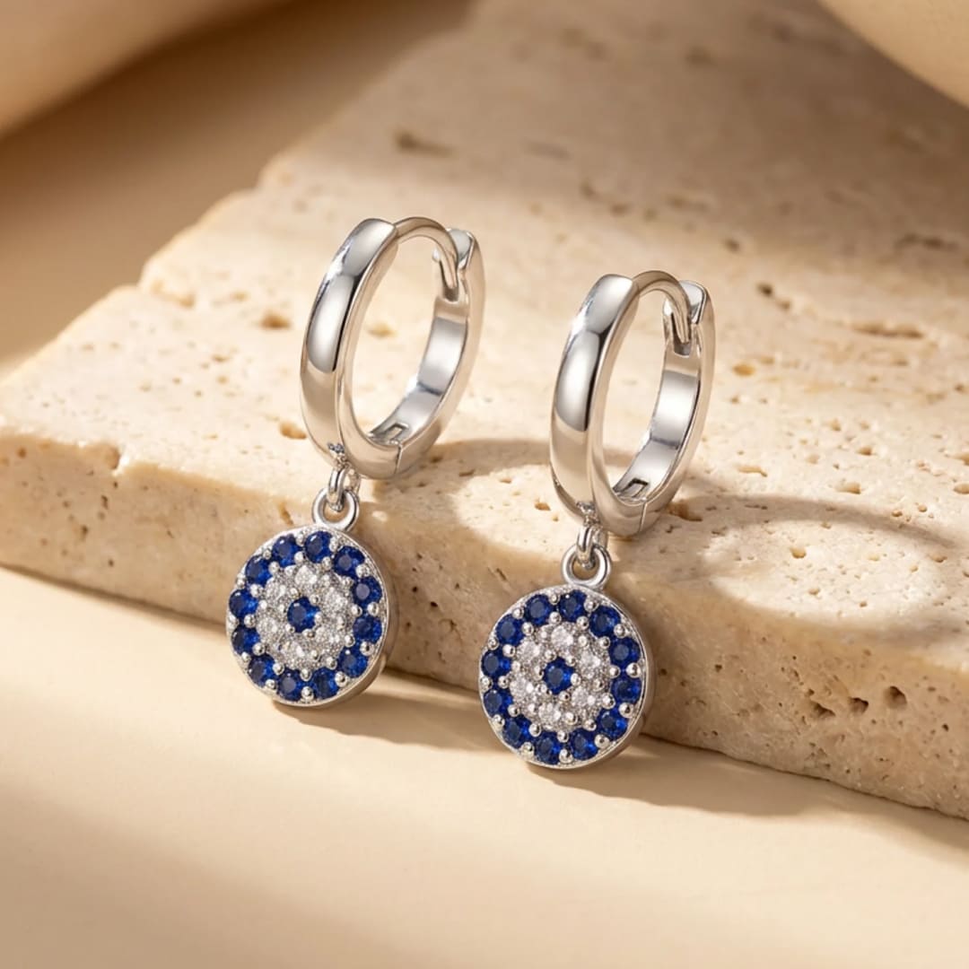 Blue Eye symbol detail on earrings - KARMAKIND