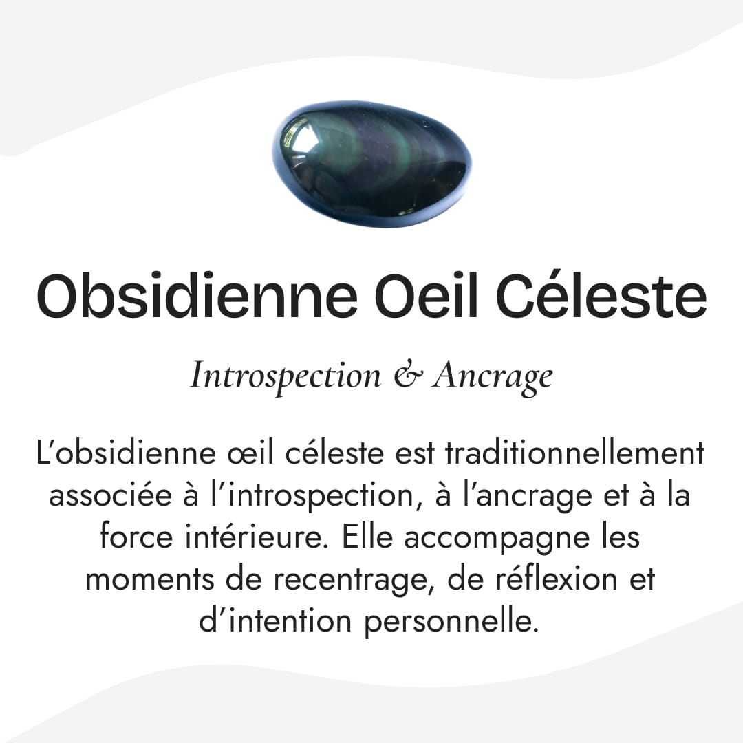 Obsidian pebble showing iridescent 'celestial eye' patterns - KARMAKIND