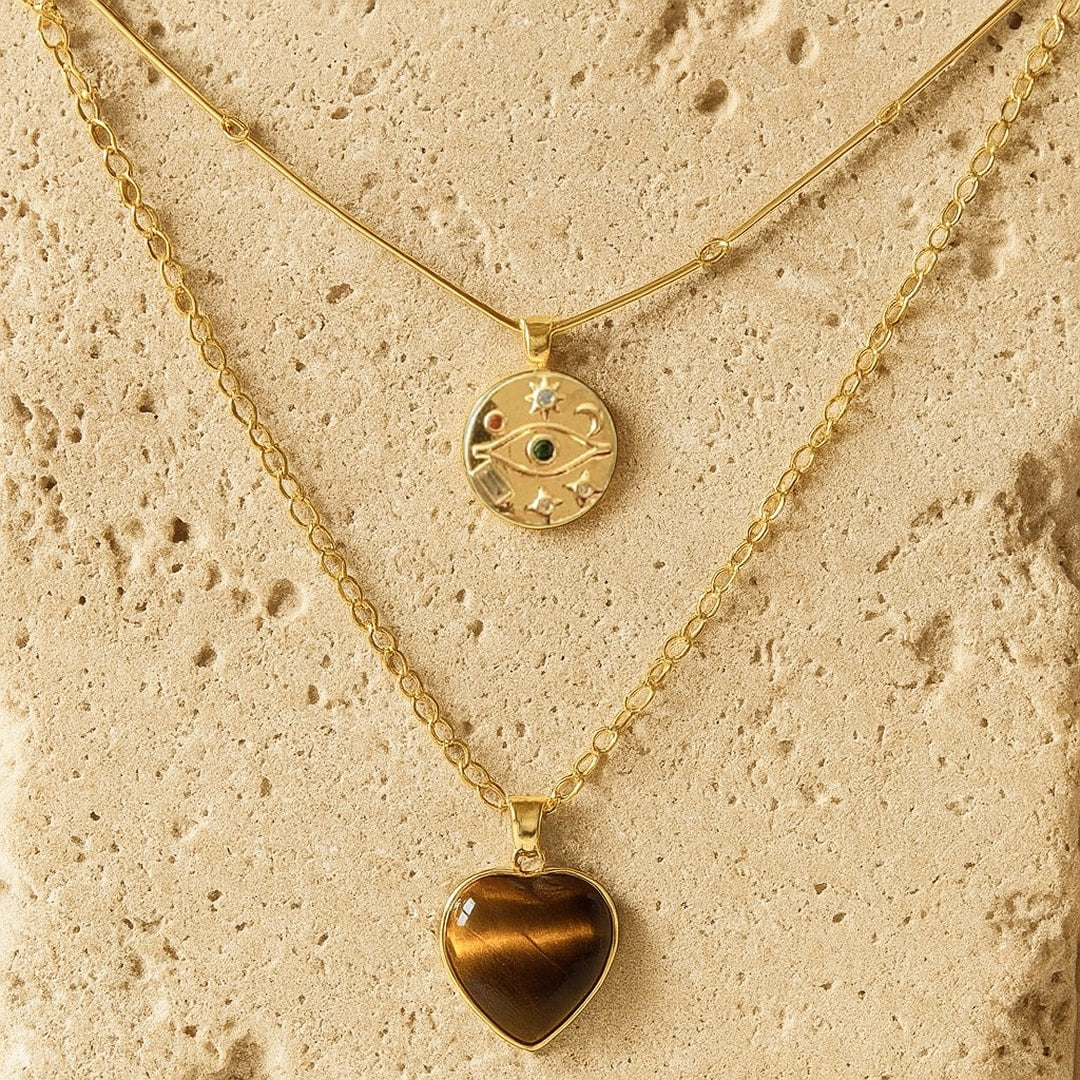 Double layer necklace with engraved eye and tiger's eye heart pendant - KARMAKIND