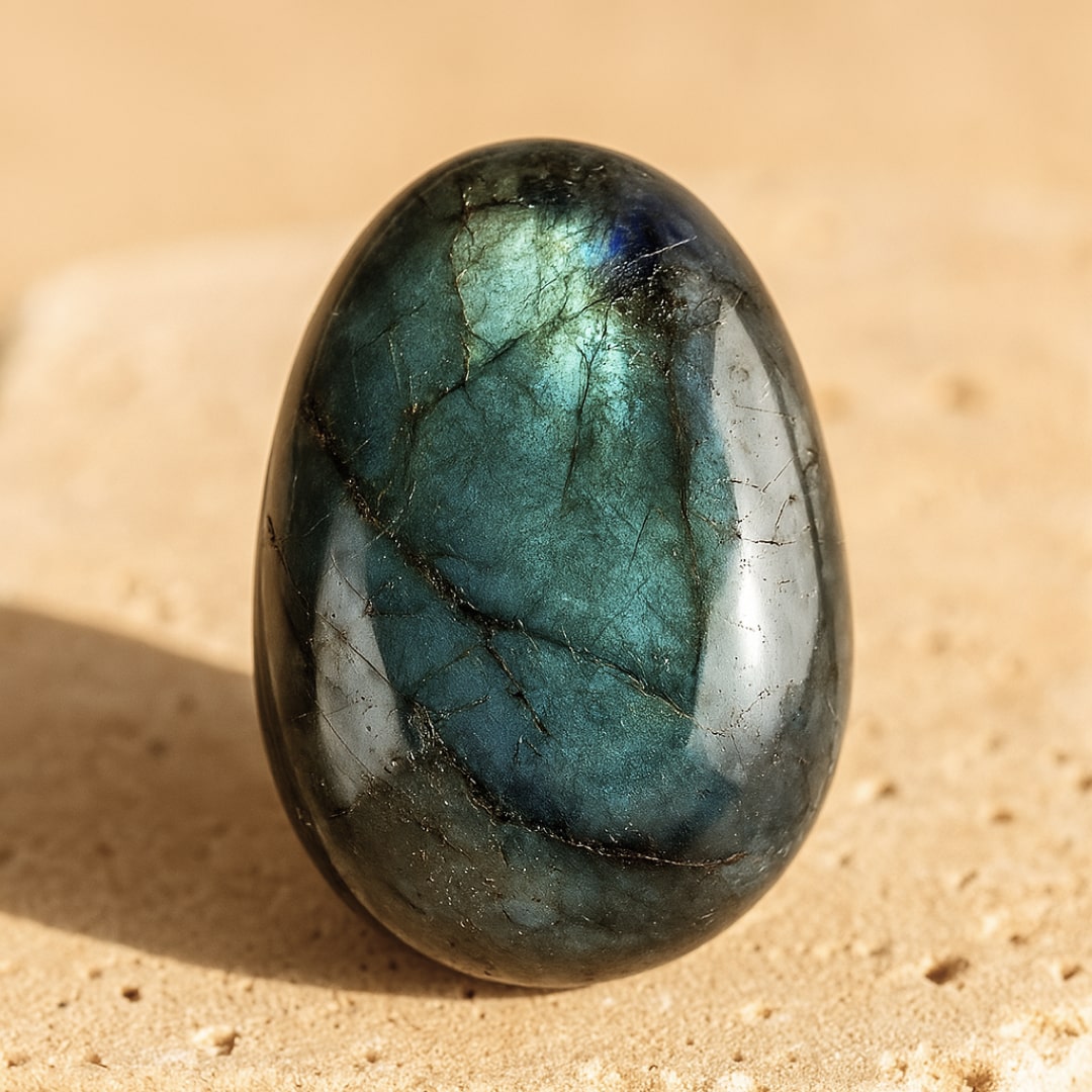 Labradorite pebble showing blue and green shimmers - KARMAKIND