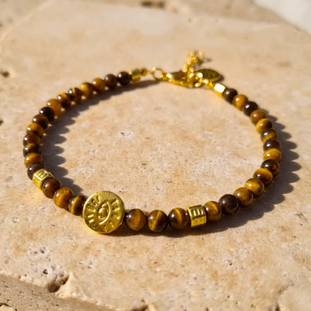 Natural Stone Protective Link Bracelet with Amethyst, Garnet, Tiger's Eye and golden eye detail - KA