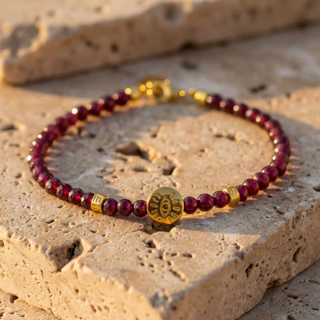 Protective Link Bracelet on a wrist, showcasing the golden eye charm - KARMAKIND