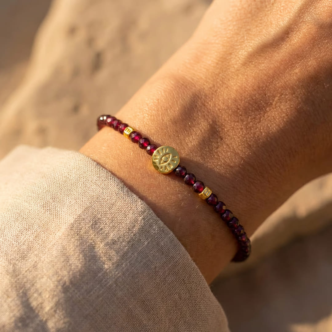Amethyst and Garnet beads on the Protective Link Bracelet - KARMAKIND