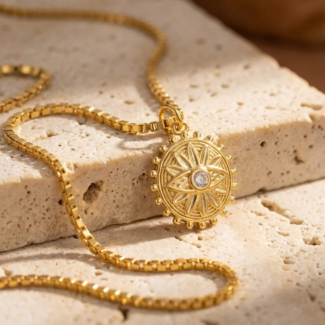 Close-up of the Protective Sun Pendant design - KARMAKIND