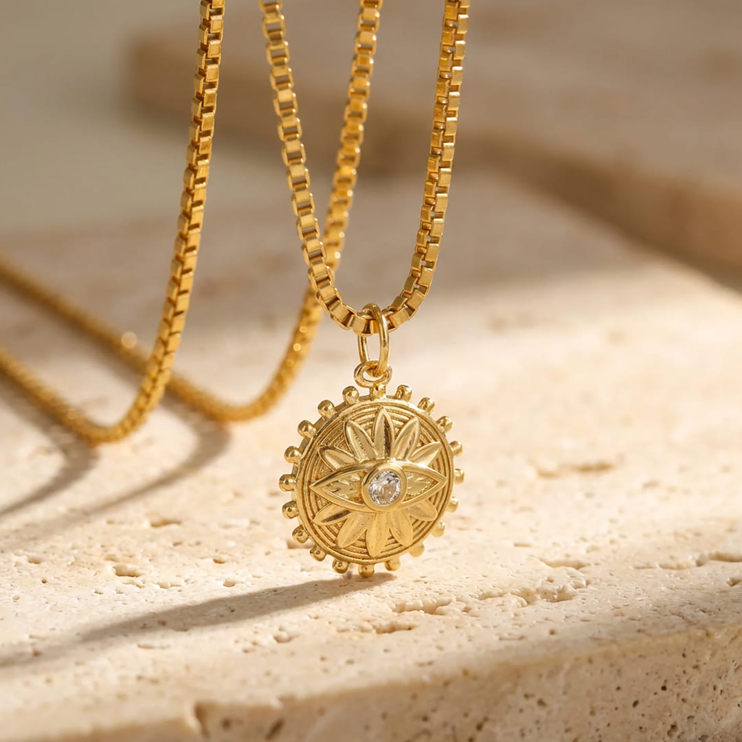 Protective Sun Pendant on a model - KARMAKIND