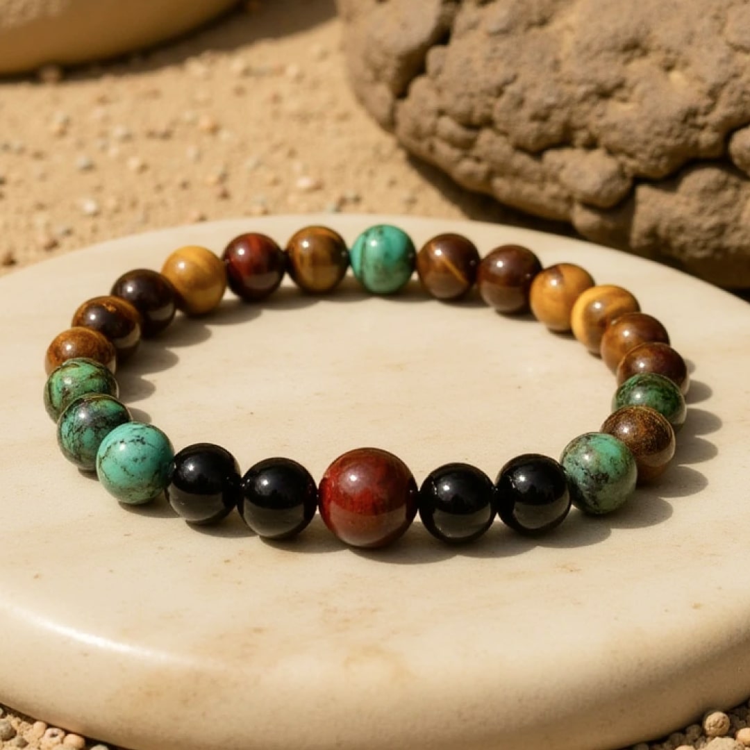Protective bracelet with tiger's eye, bull's eye, and african turquoise - KARMAKIND