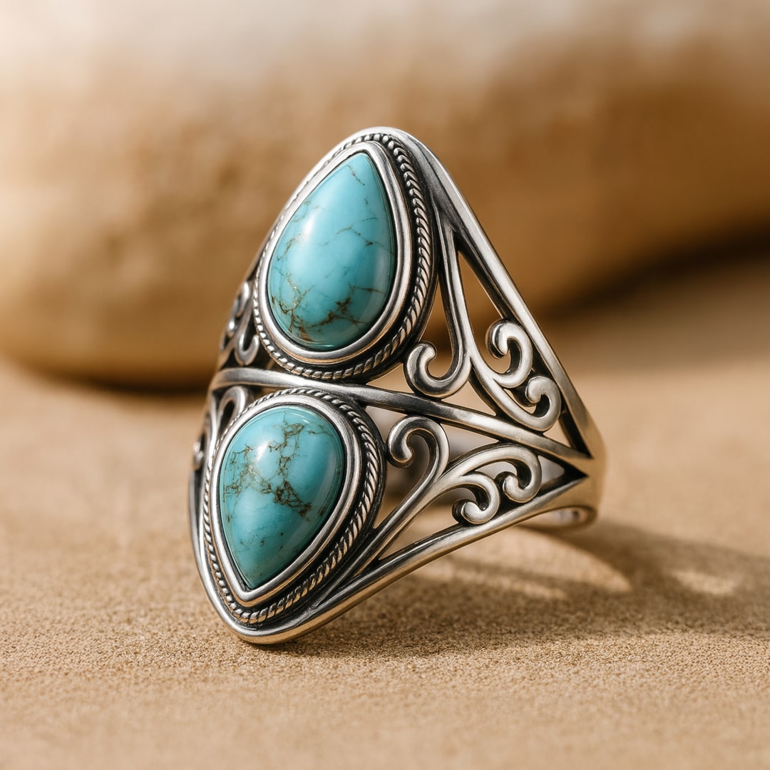 Adjustable turquoise and silver ring - KARMAKIND