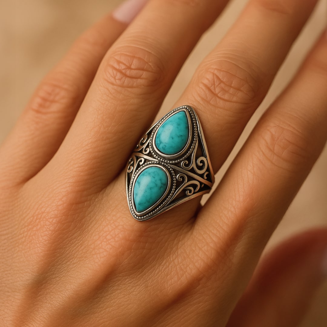 Close-up of carved silver detail on turquoise ring - KARMAKIND