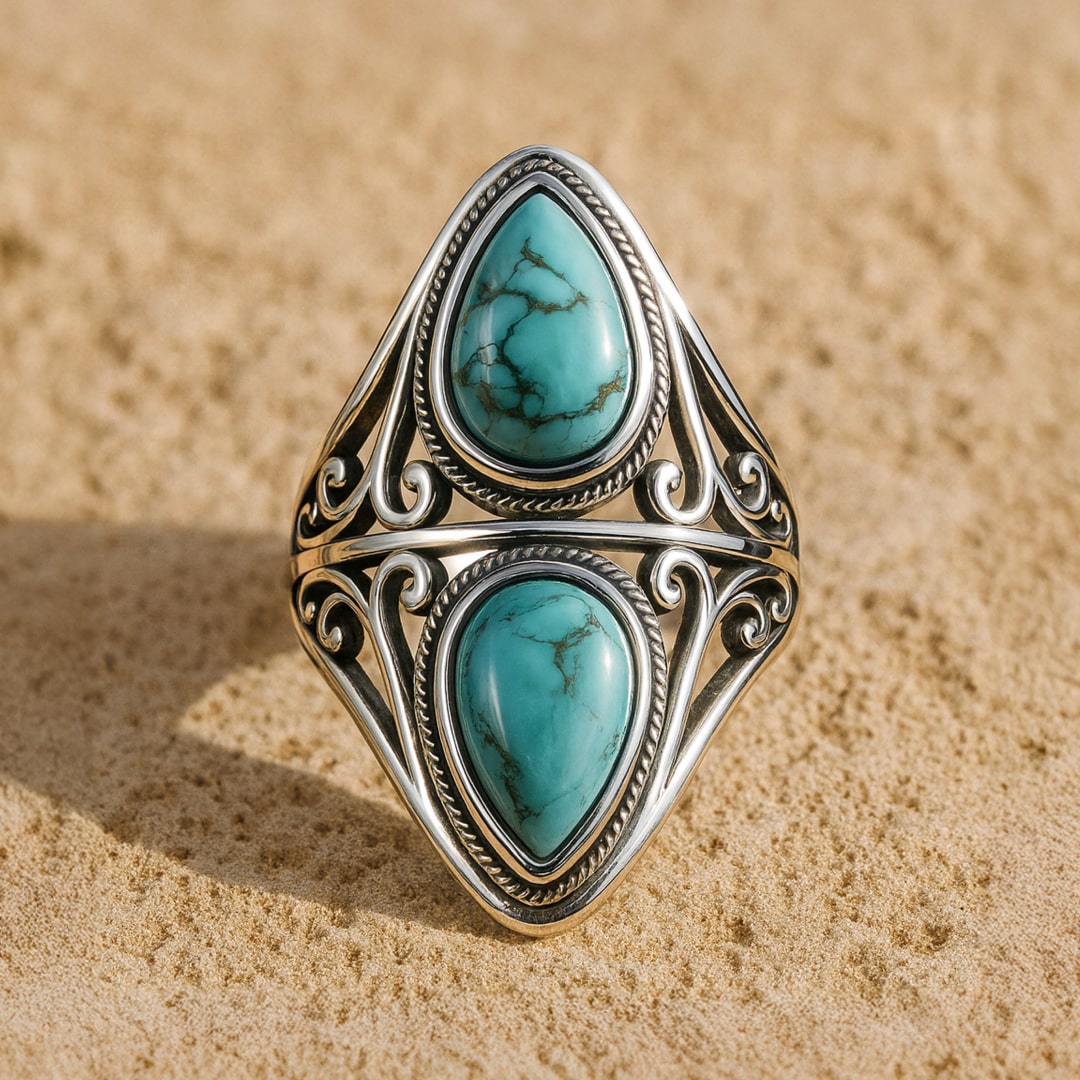 Turquoise ring on finger showing size - KARMAKIND
