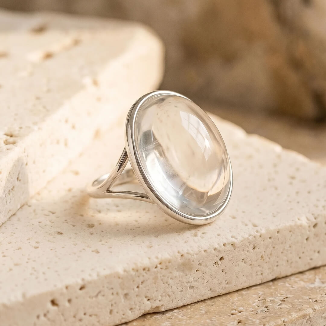 Pure Light Rock Crystal Ring with clear cabochon - KARMAKIND