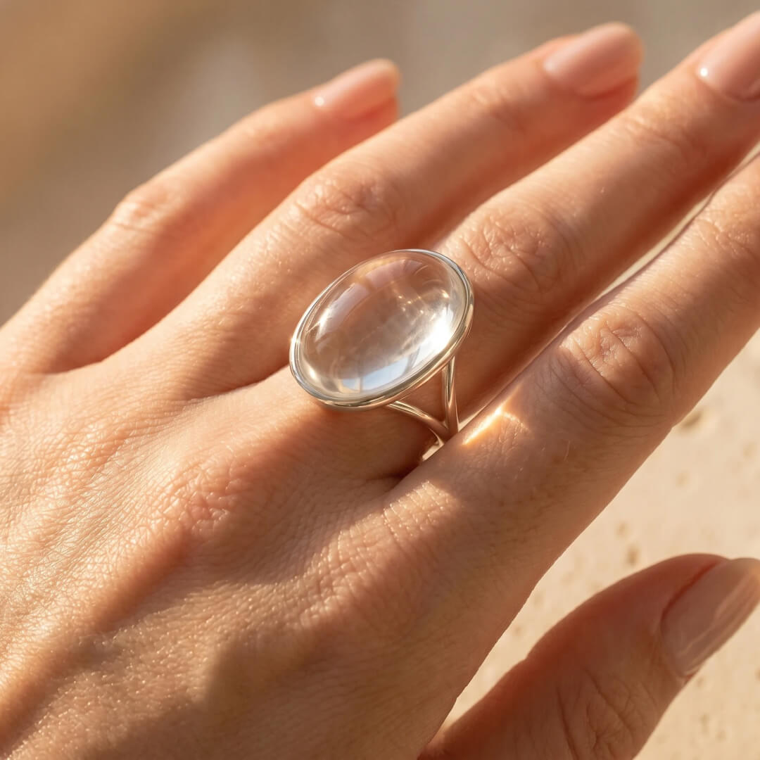 Close-up of the "Pure Light" Rock Crystal Ring setting - KARMAKIND
