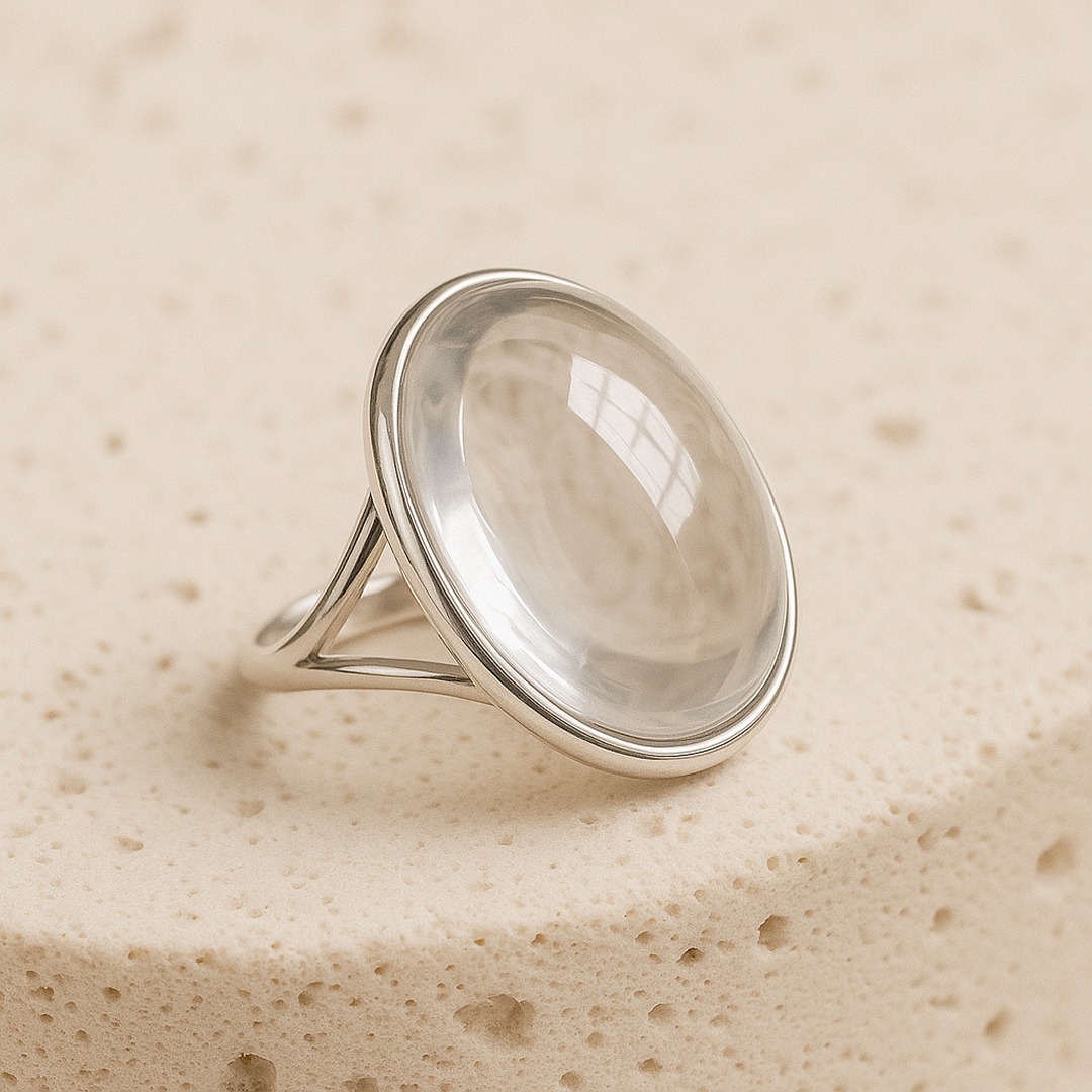 Lifestyle shot of the "Pure Light" Rock Crystal Ring on a hand - KARMAKIND