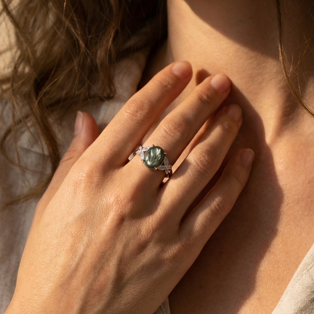 Close-up of the Seraphinite stone's sparkle - KARMAKIND