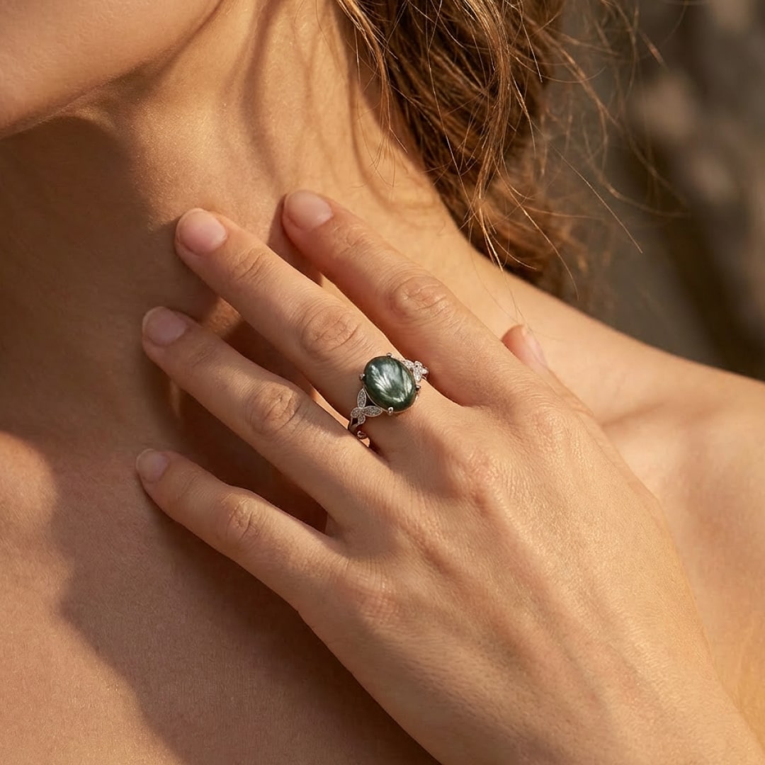 The subtle green hues of the Seraphinite stone - KARMAKIND