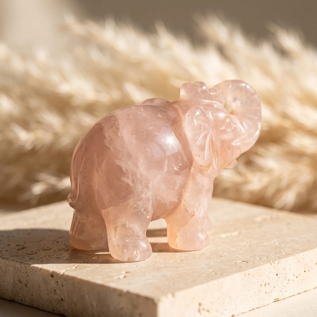 Close-up of the Rose Quartz elephant's face - KARMAKIND