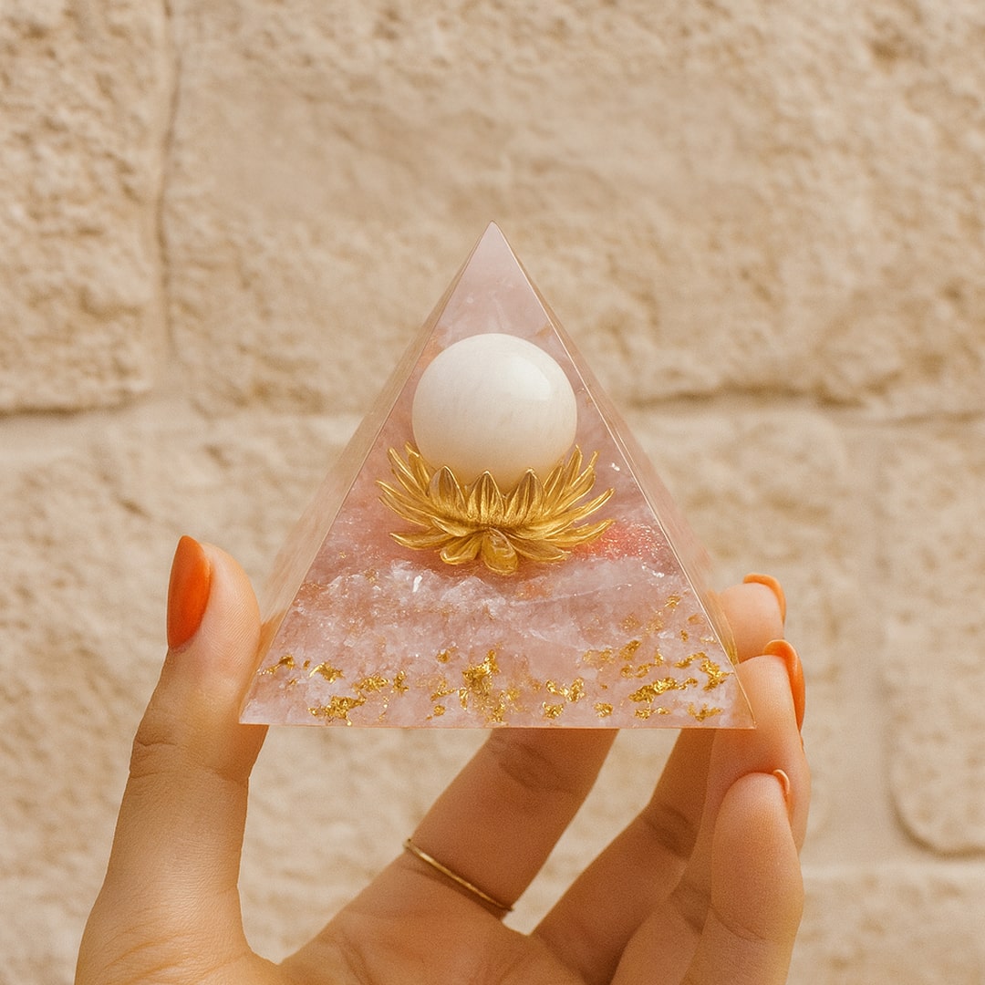 Close-up of the rose quartz and gold flecks in the orgonite