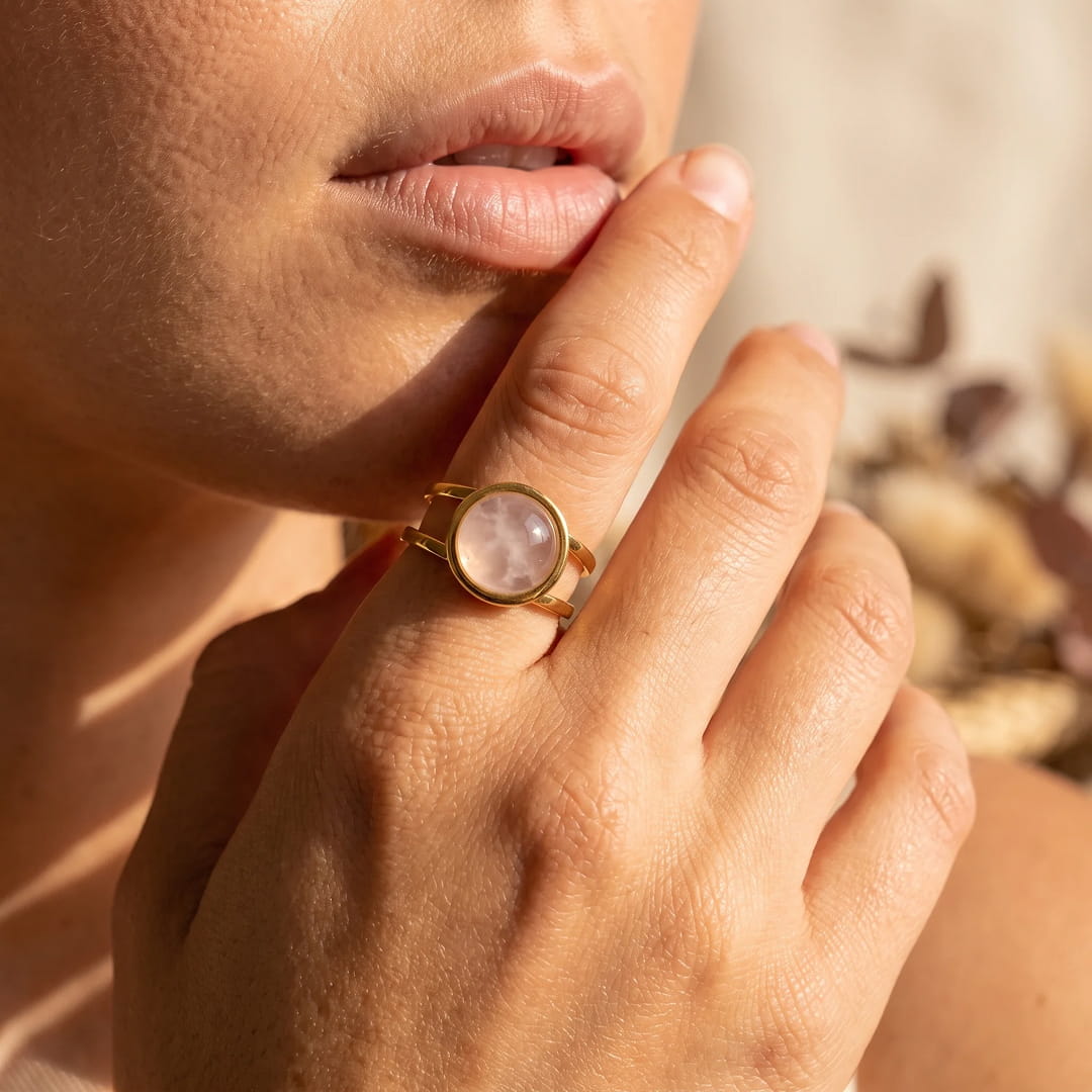 Close-up of the Rose Quartz stone on the Iris Ring - KARMAKIND