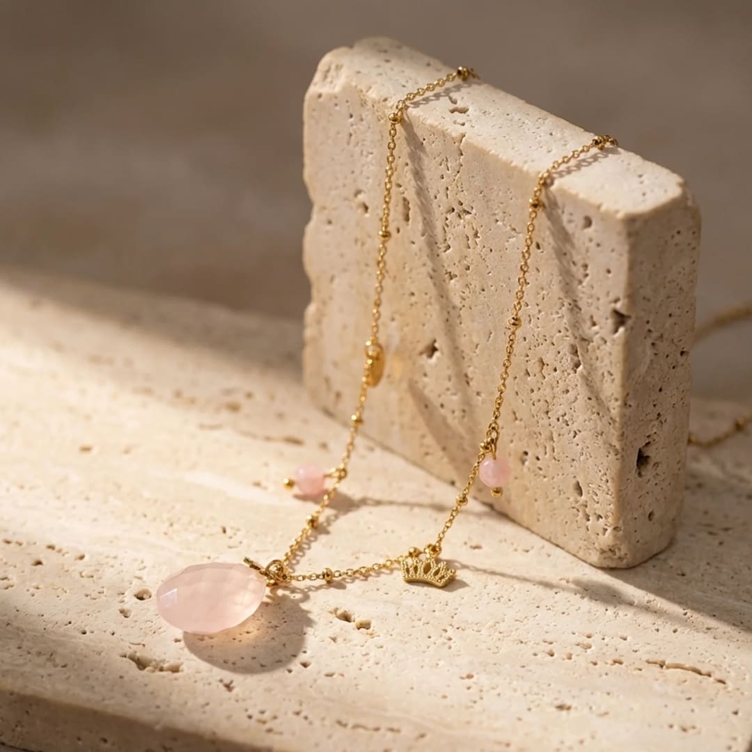 Rose Quartz Love Cocoon Necklace with golden crown detail