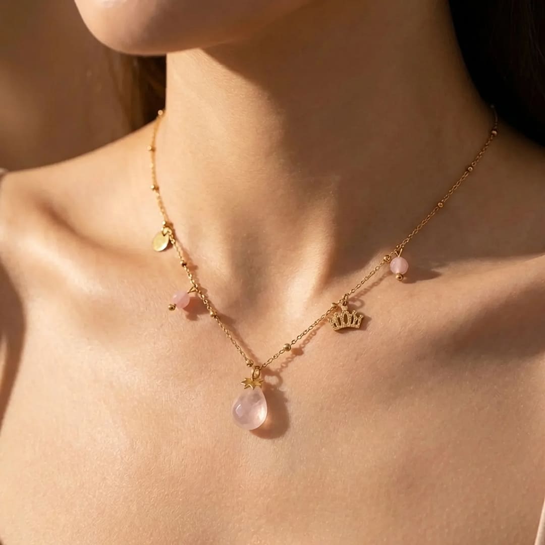 Close-up of the Rose Quartz gemstone on the Love Cocoon Necklace