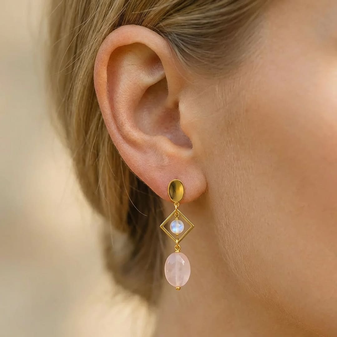 Close-up of Rose Quartz and Moonstone earrings - KARMAKIND