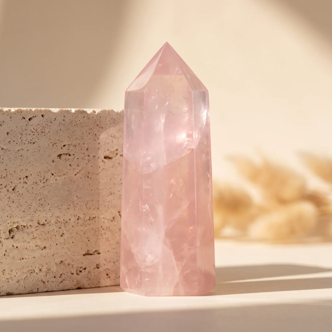Rose Quartz Point crystal for love and harmony - KARMAKIND