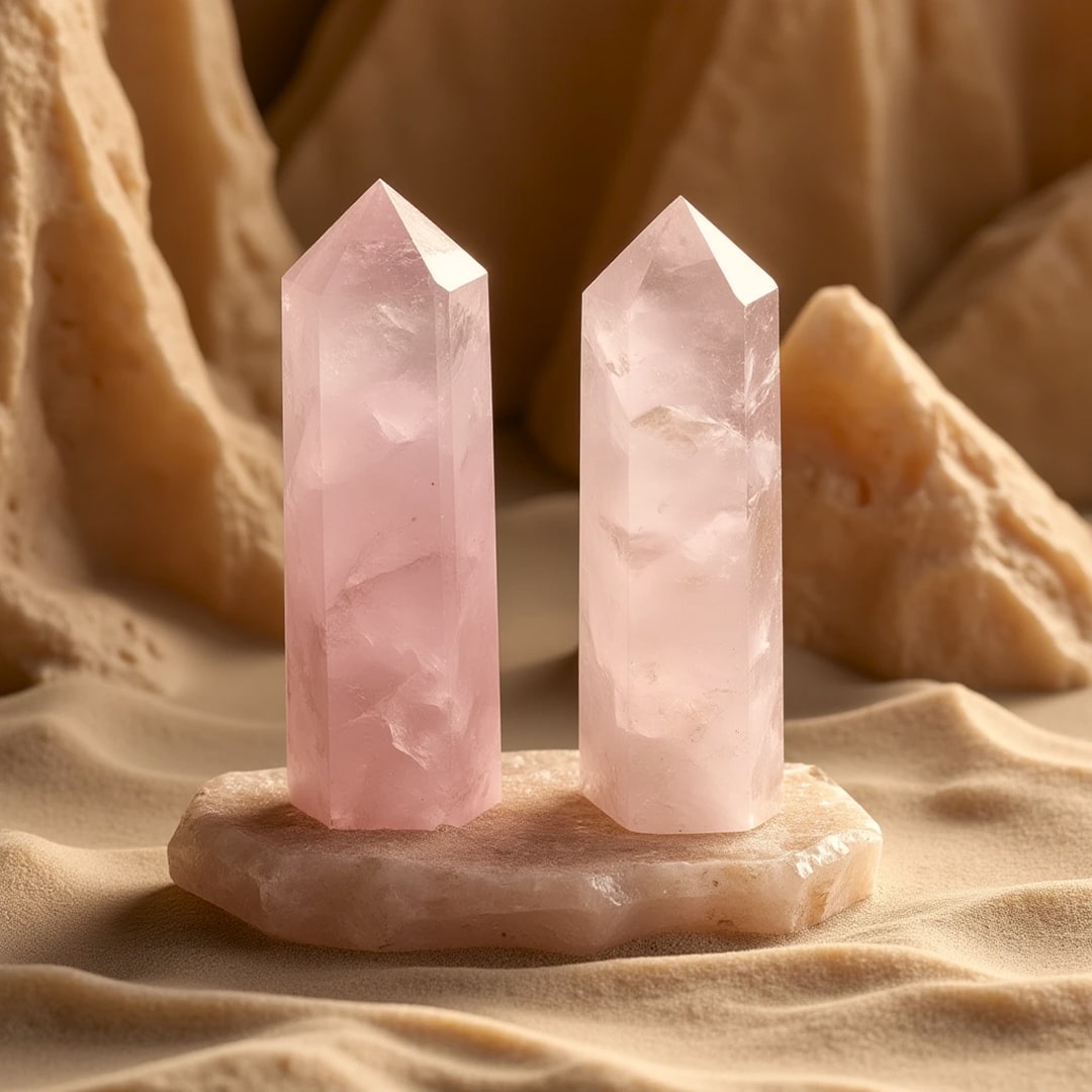Soft pink Rose Quartz point displayed on a white surface - KARMAKIND