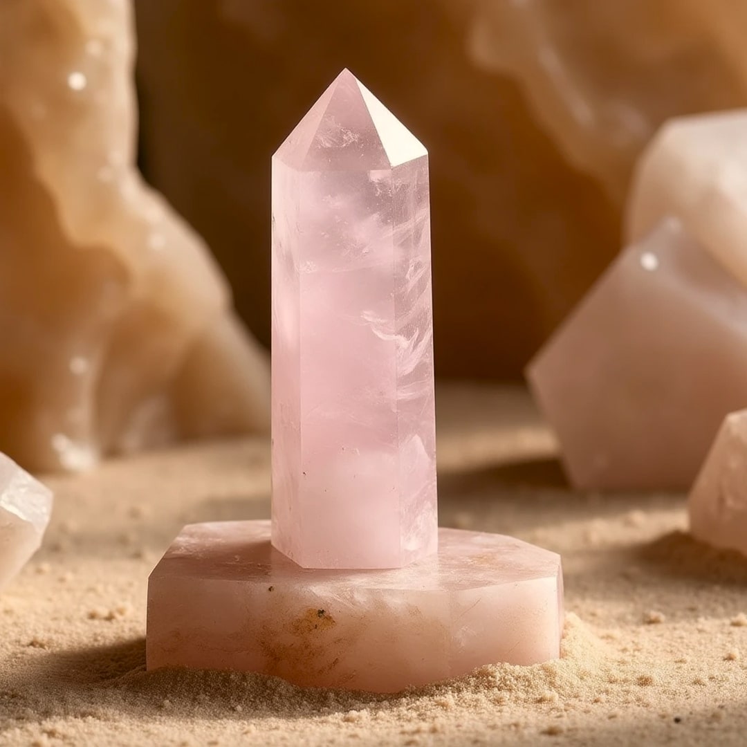 Close-up of the gentle glow of the Rose Quartz point - KARMAKIND