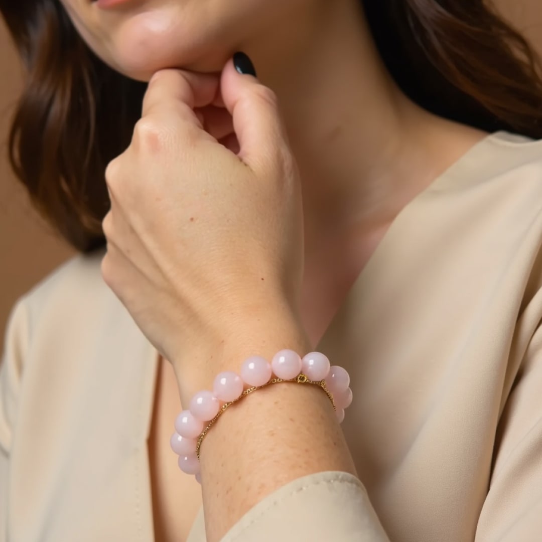 Close-up of the soft pink rose quartz beads - KARMAKIND