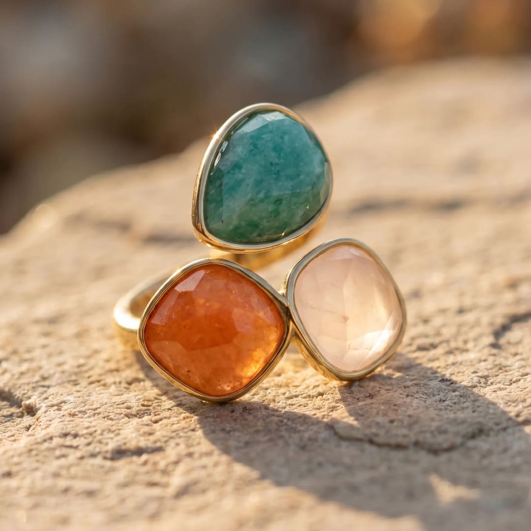 Santi Adjustable Ring with Amazonite, Rose Quartz, and Orange Aventurine - KARMAKIND