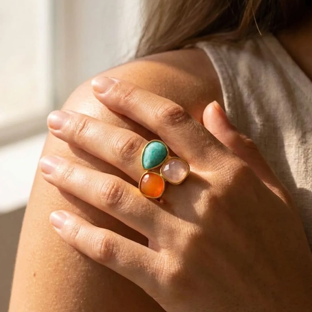 Close-up of the Santi Adjustable Ring showcasing the gemstones - KARMAKIND