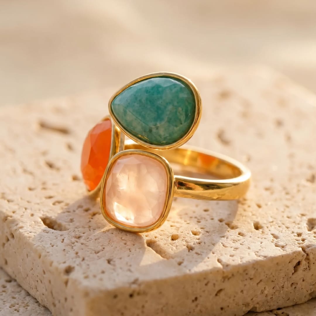 Rose Quartz gemstone detail on the Santi Ring - KARMAKIND