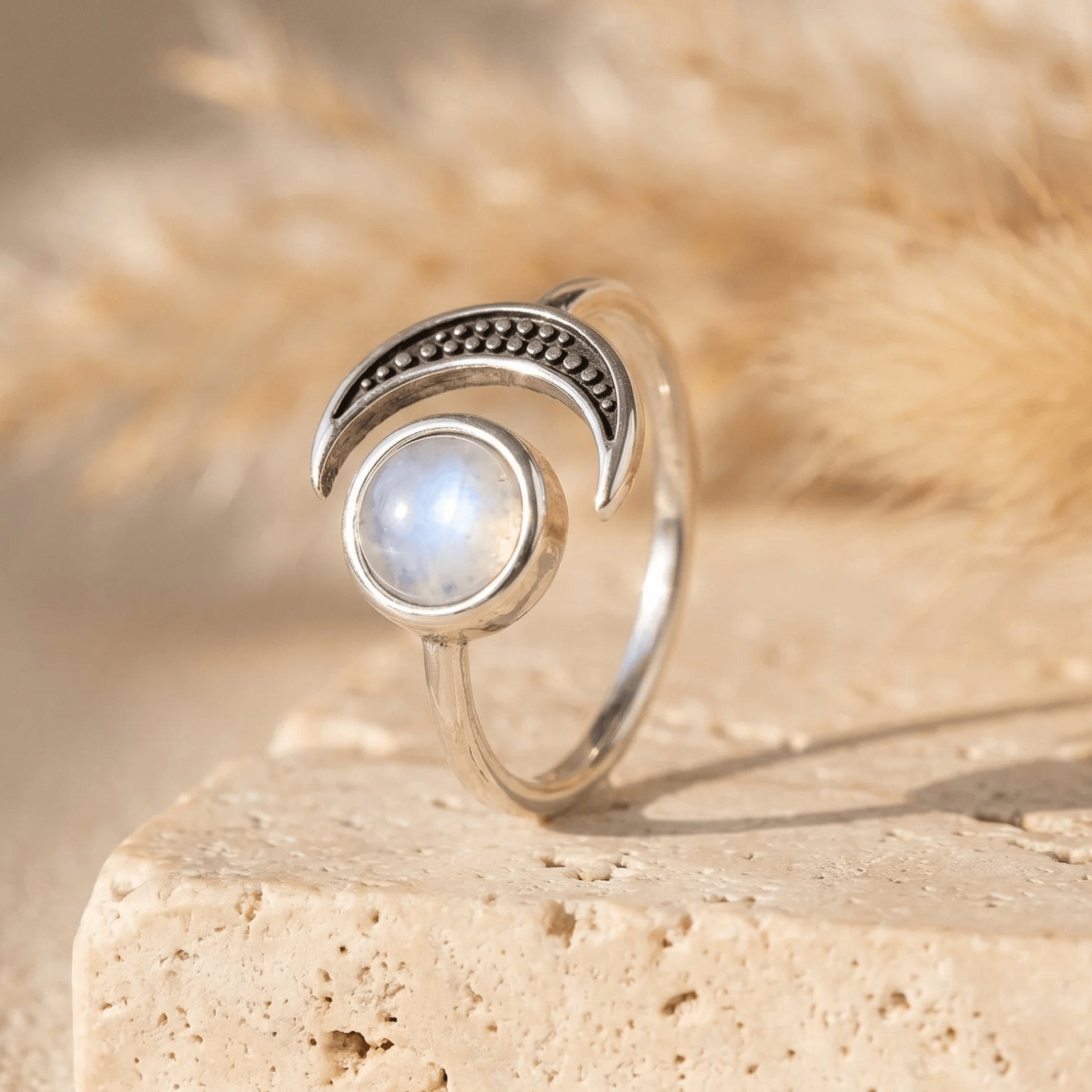 Adjustable moonstone ring with crescent moon setting - KARMAKIND