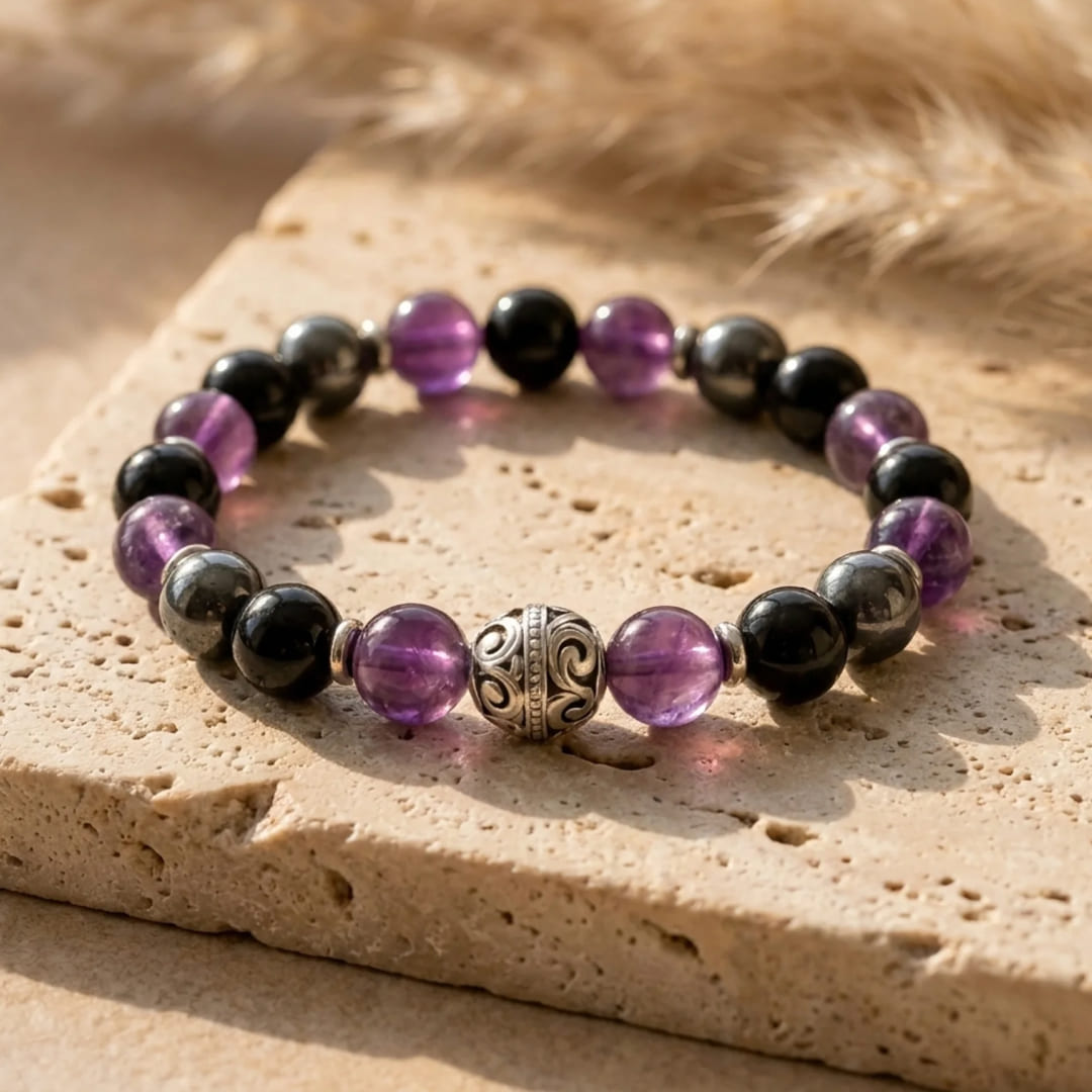 Protective Bubble Bracelet with Amethyst, Hematite, and Obsidian - KARMAKIND