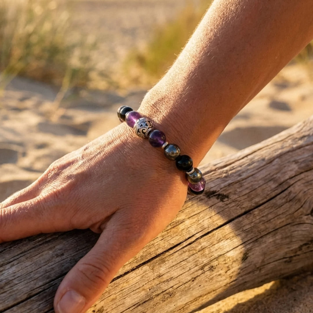 Close-up of the Amethyst, Hematite, and Obsidian stones on the Protective Bubble Bracelet - KARMAKIN