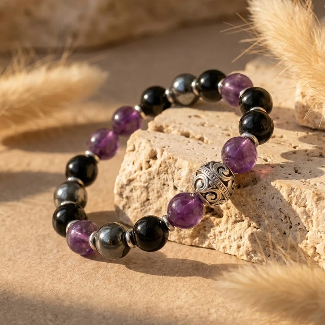 Detail of the carved bead with swirls on the Protective Bubble Bracelet - KARMAKIND