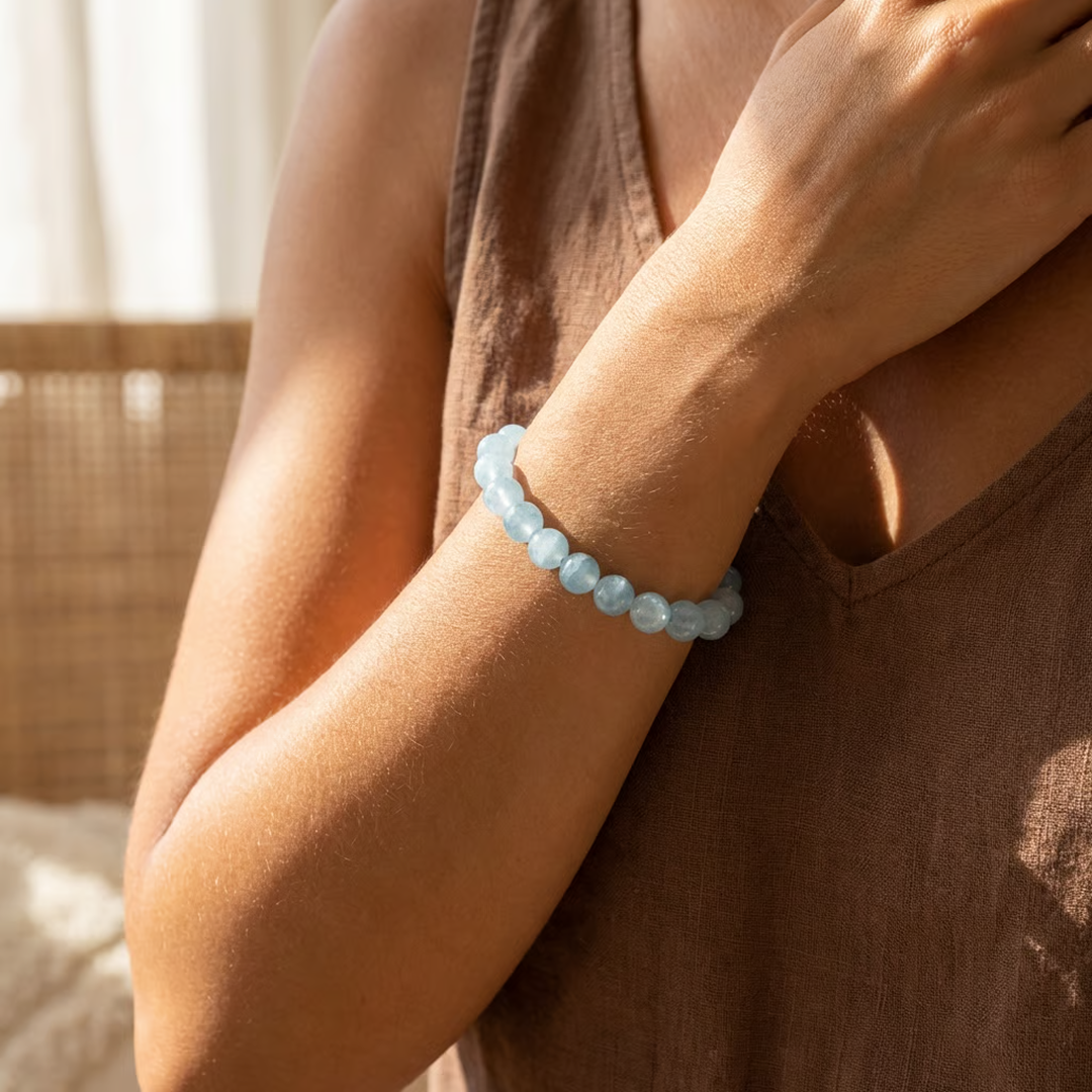 Close-up of the luminous Aquamarine beads - KARMAKIND