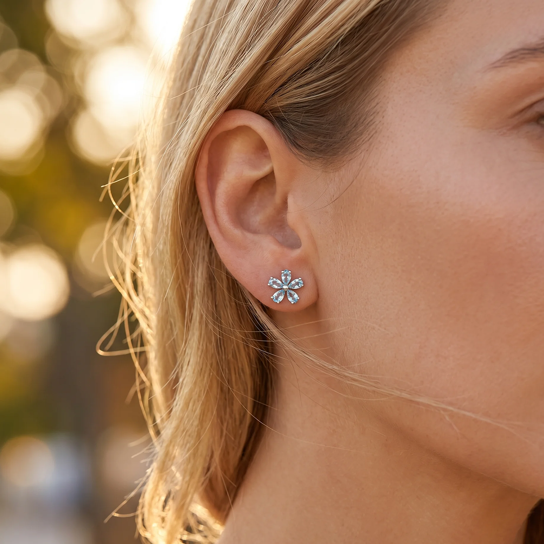 Close-up of the blue topaz petals and central stone - KARMAKIND