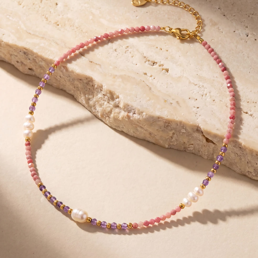 Serenity Glow Necklace with Rhodonite, Amethyst & Pearls - KARMAKIND