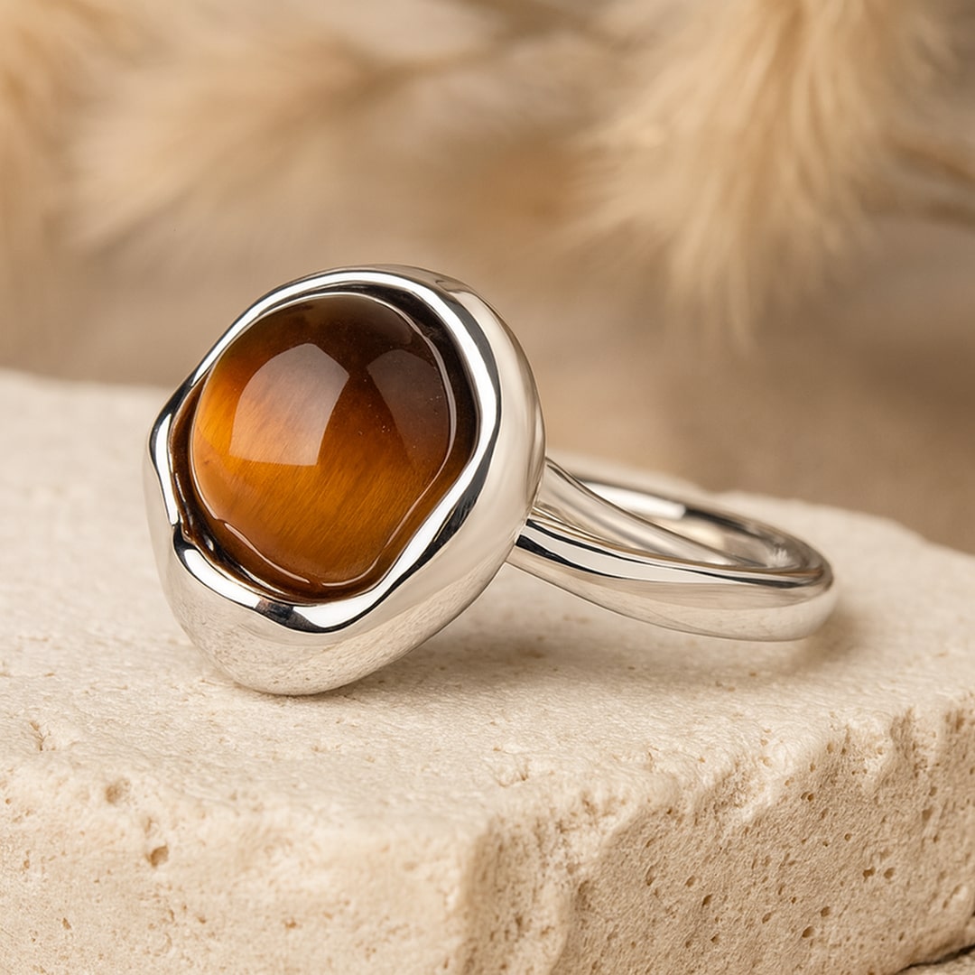Shakti Adjustable Ring in Tiger's Eye on a finger
