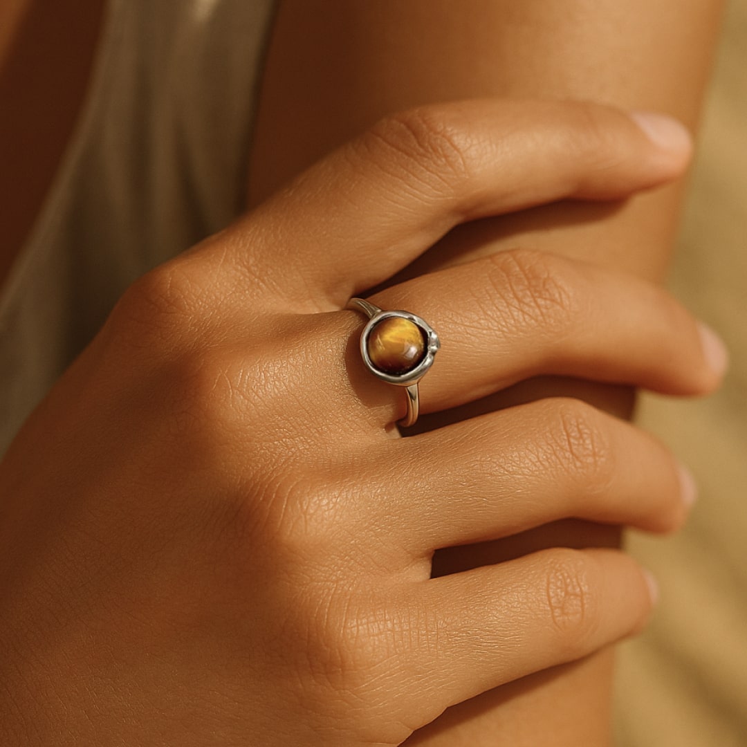 Close-up of the tiger's eye stone on the Shakti ring