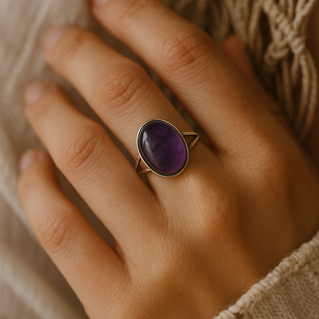 Close-up of the amethyst stone in the ring - KARMAKIND
