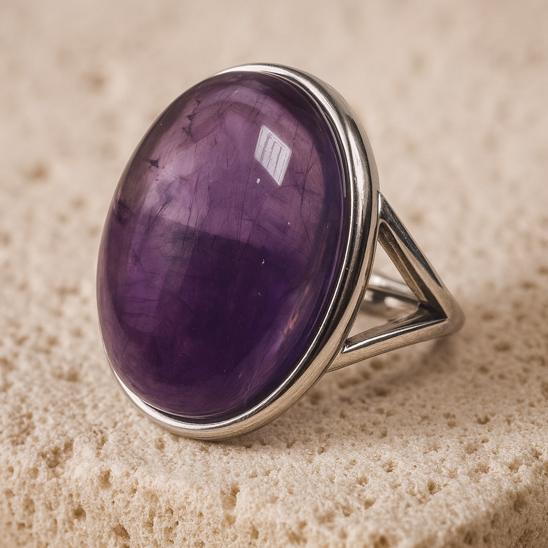 Model wearing the adjustable Amethyst Ring - KARMAKIND